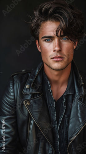 closeup of handsome fashion man wearing black leather jacket