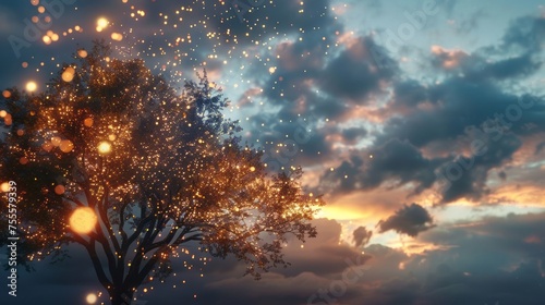 A tree filled with glowing fairy lights stands out against the backdrop of a cloudy sky. The lights create a mesmerizing display as darkness sets in, casting a enchanting glow