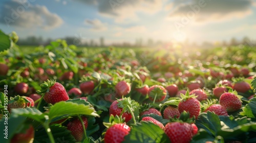 A vast field is filled with ripe strawberries glistening under the sun. The red berries stand out against the green leaves, creating a vibrant landscape