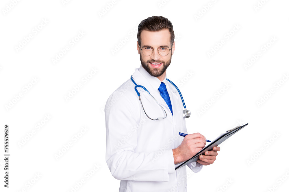 Portrait of cheerful joyful doc with bristle in white lab coat, tie and stethoscope on his neck, having clipboard in hands, looking at camera, isolated on grey background Portrait of cheerful joyful doc with bristle in white lab coat, tie and stethoscope on his neck, having clipboard in hands, looking at camera, isolated on grey background
