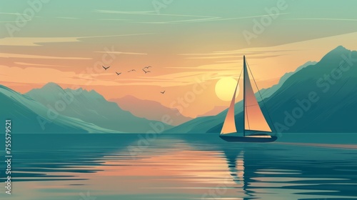 A yacht against a backdrop of mountains and calm sea. Active vacation concept. Sailing vessel. Digital art. Illustration for cover, card, postcard, interior design, poster, brochure or presentation