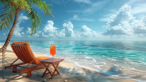 Sun lounger and table with a cocktail on the tropical beach overlooking the sea. Banner with copy space