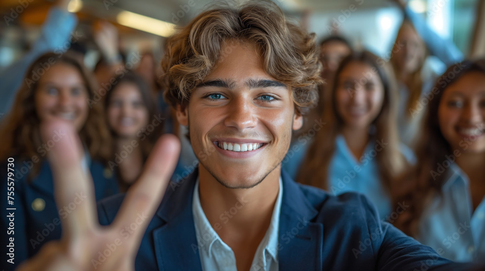 young businessman making victory sign in front