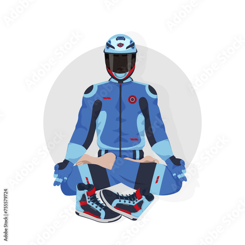 A drawing depicting a motorcycle racer in a helmet and uniform, who is sitting in a lotus position and meditating. The concept of a healthy lifestyle, relaxation. To create a logo, stickers.