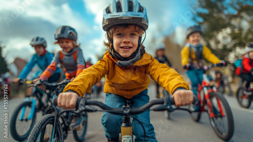 happy children wearing helmets riding their bikes