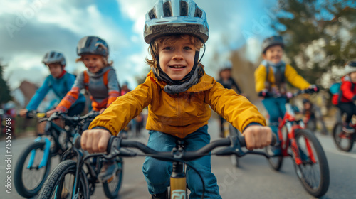 happy children wearing helmets riding their bikes photo