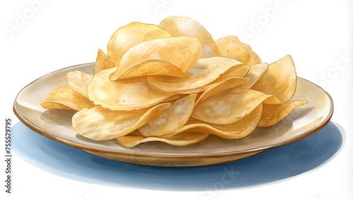 a plate of potato chips isolated white background