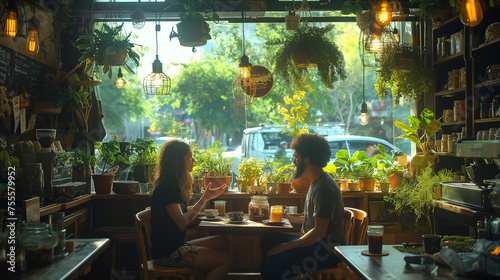 young casual people having tea in green coffee shop