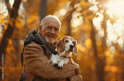 Elderly Gentleman with Loyal Beagle Enjoying Autumn's Golden Embrace - Generative AI