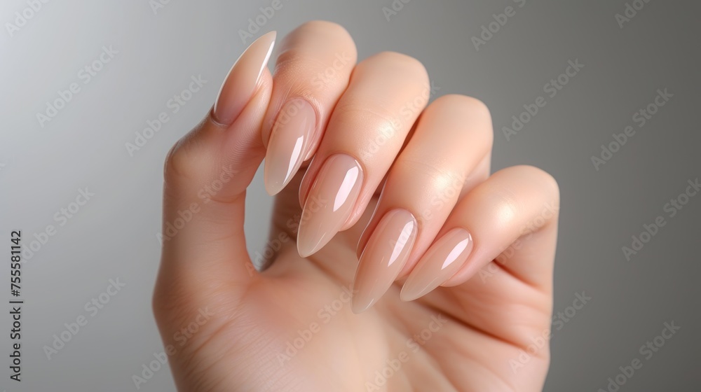 Close up Female hand with beige manicure Close up Female hand with beige manicure