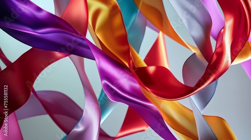 A dynamic scene of multicolored satin ribbons suspended in mid-air
