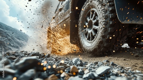 An extreme close-up of a rally car's tires gripping onto a rocky mountain path