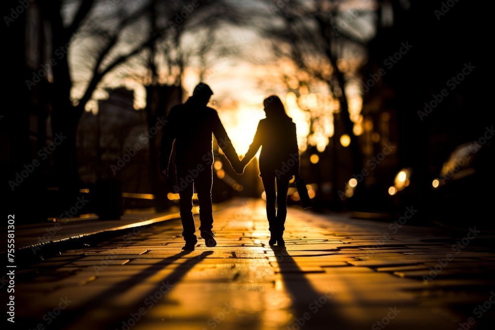 silhouette of a married couple in the park at sunset. close relationship concept. copy space
