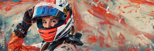 Confident female racer portrait with vibrant abstract background