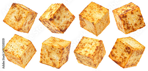 Fried tofu cubes isolated on white background