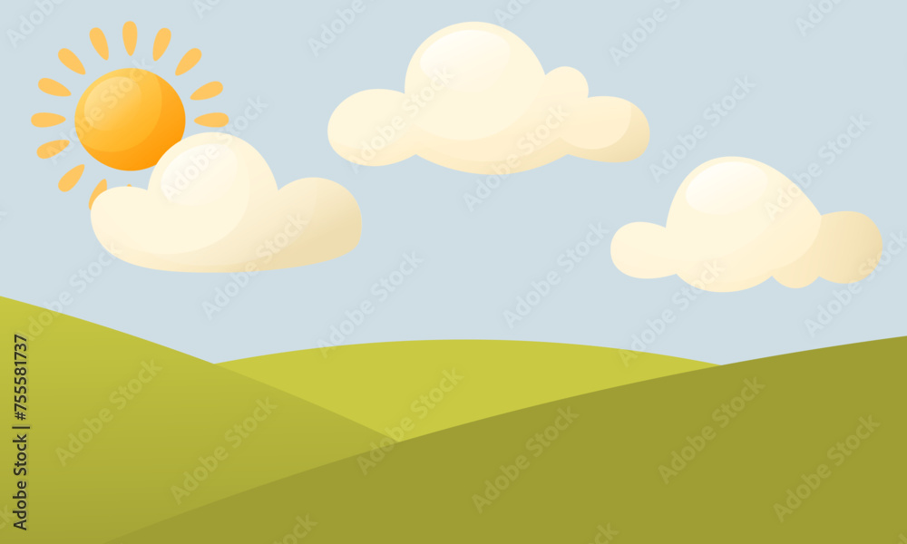 Vector illustration of a beautiful summer landscape. Green field of grass, blue sky with clouds, bright sun. Day, morning. Landscape design for banners, posters, children's books. Vector illustration of a beautiful summer landscape. Green field of grass, blue sky with clouds, bright sun. Day, morning. Landscape design for banners, posters, children's books.