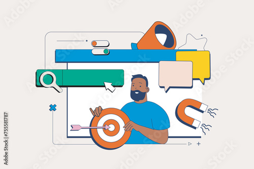 Marketing and development concept in flat neo brutalism design for web. Man attracting clients, makes online promotion of products. Vector illustration for social media banner, marketing material. © alexdndz