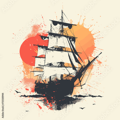 Sailing ship on a grunge background. Grunge vector illustration.