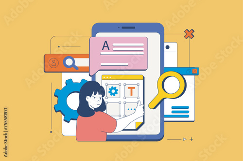 Design development concept in flat neo brutalism design for web. Woman makes mobile app layouts, creating and engineering interface. Vector illustration for social media banner, marketing material. photo