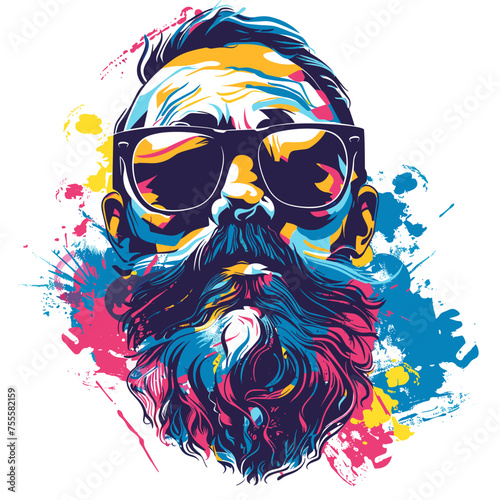 Hipster man with beard and sunglasses. Grunge vector illustration.