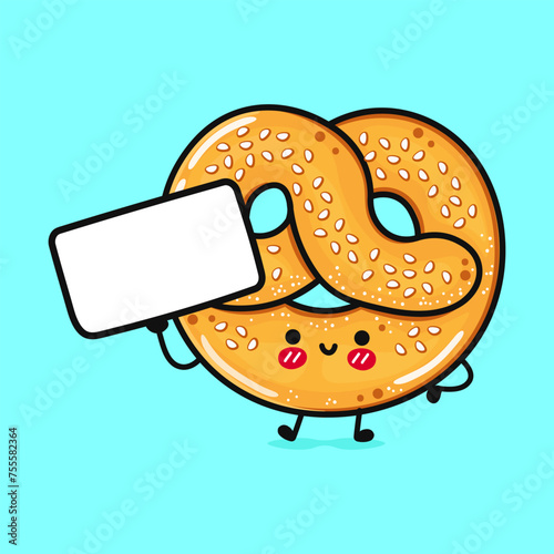 Cute funny French pretzel with poster. Vector hand drawn cartoon kawaii character illustration icon. Isolated on blue background. French pretzel think concept
