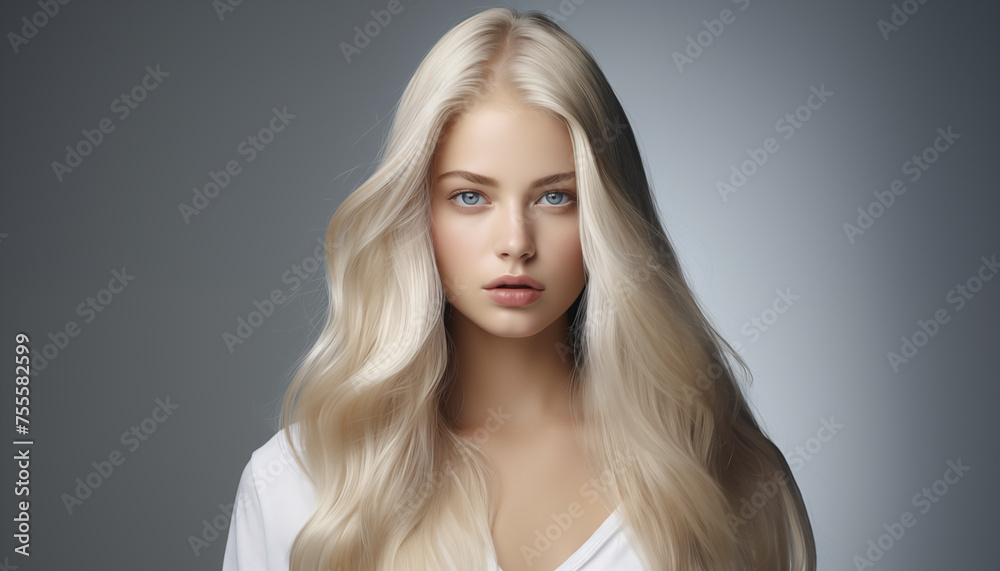 Naklejka premium model girl with shiny blond smooth healthy long hair on a white background