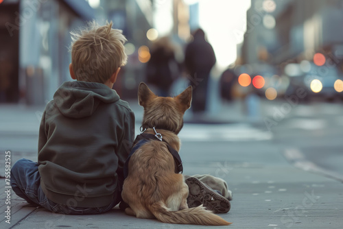 Lost homeless boy with puppy sits on bustling city sidewalks in evening. Abandoned little child with pet stray together among large city