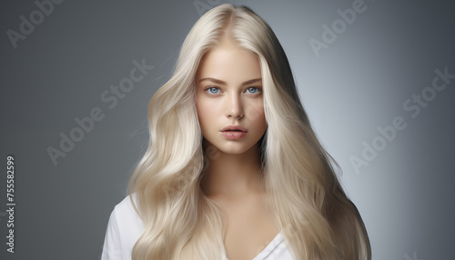 model girl with shiny blond smooth healthy long hair on a white background