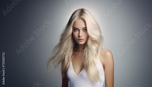 model girl with shiny blond smooth healthy long hair on a white background
