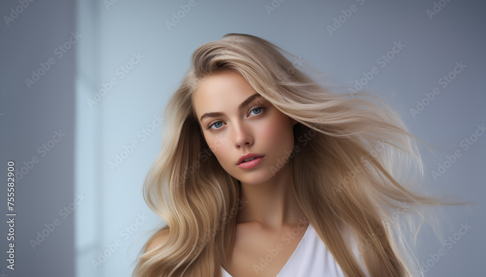 model girl with shiny blond smooth healthy long hair on a white background model girl with shiny blond smooth healthy long hair on a white background