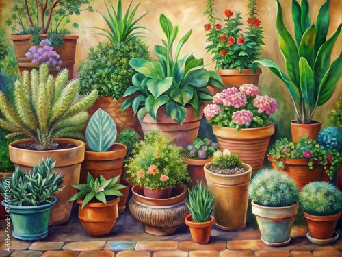 A vibrant painting of a diverse array of potted plants and flowers. Lush Indoor Garden