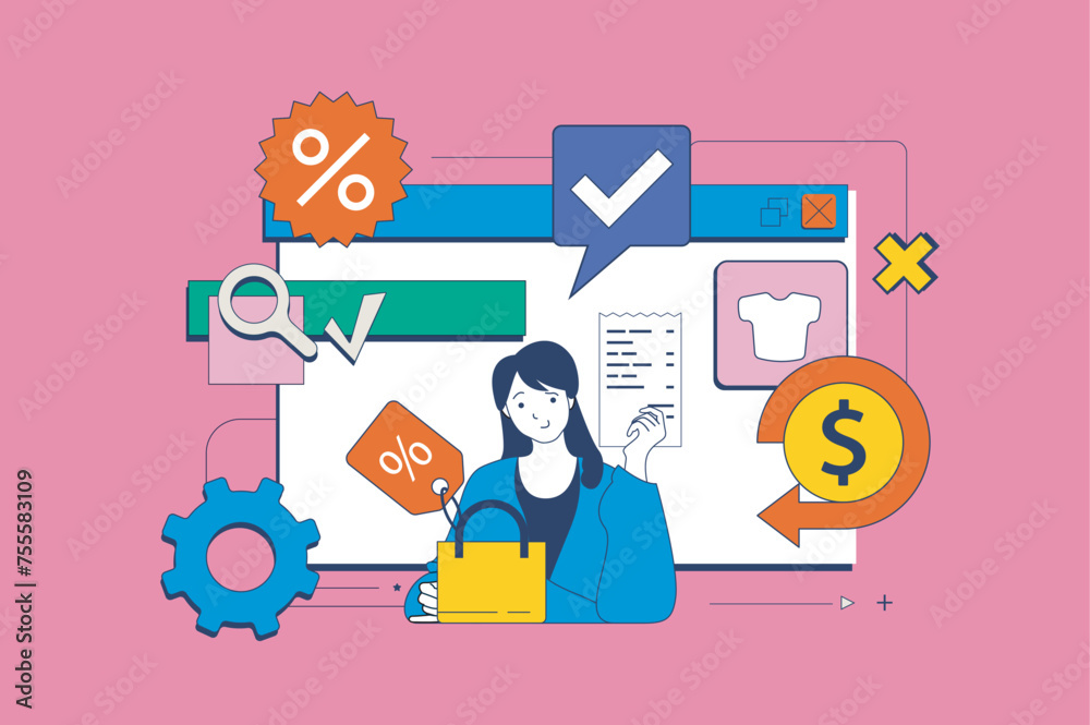 Shopping concept in flat neo brutalism design for web. Woman buying new goods at online store, orders at seasonal sales with discounts. Vector illustration for social media banner, marketing material. Shopping concept in flat neo brutalism design for web. Woman buying new goods at online store, orders at seasonal sales with discounts. Vector illustration for social media banner, marketing material.