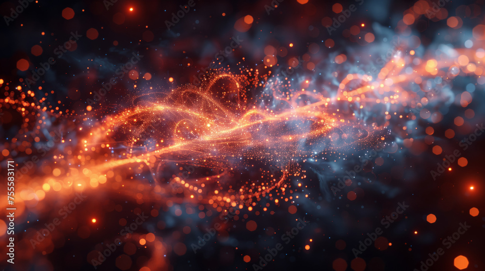 Dynamic digital illustration of fiery orange and red energy particles swirling in space