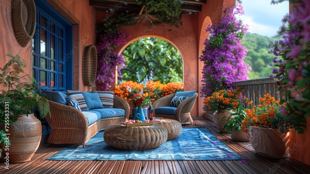 Interior decoration Cozy, stylish terrace luxury villa patio furniture. Stylish terrace blue furniture, sofa, coffee table, flower, mock-up poster, carpet, pillows, plaid, modern home decor. Template
