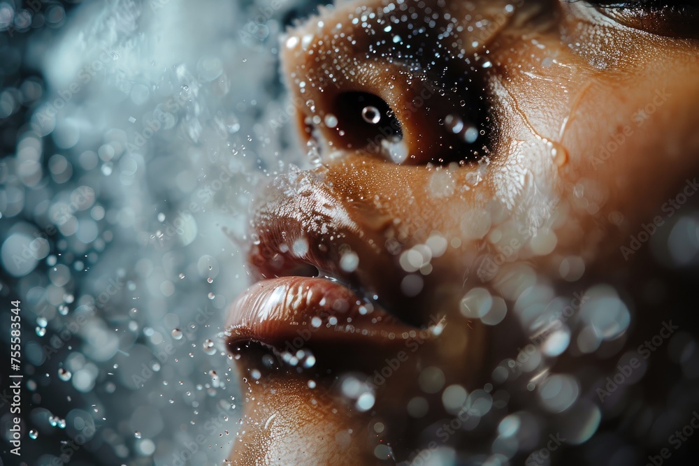 A dynamic shot of someone applying facial mist capturing the droplets in motion A dynamic shot of someone applying facial mist capturing the droplets in motion