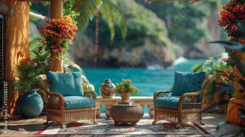 Interior decoration Cozy, stylish terrace luxury villa patio furniture. Stylish terrace blue furniture, sofa, coffee table, flower, mock-up poster, carpet, pillows, plaid, modern home decor. Template © ND STOCK