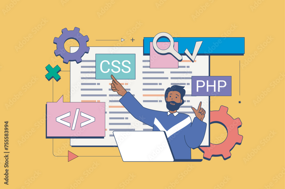 Programming concept in flat neo brutalism design for web. Man coding and creating software, engineering programs and searching bugs. Vector illustration for social media banner, marketing material. Programming concept in flat neo brutalism design for web. Man coding and creating software, engineering programs and searching bugs. Vector illustration for social media banner, marketing material.