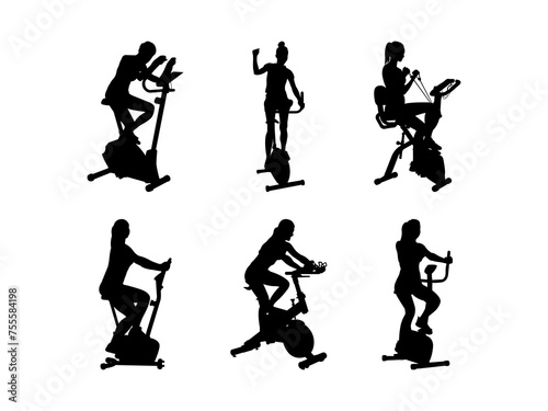 Set of Woman on Exercycle Silhouette in various poses isolated on white background