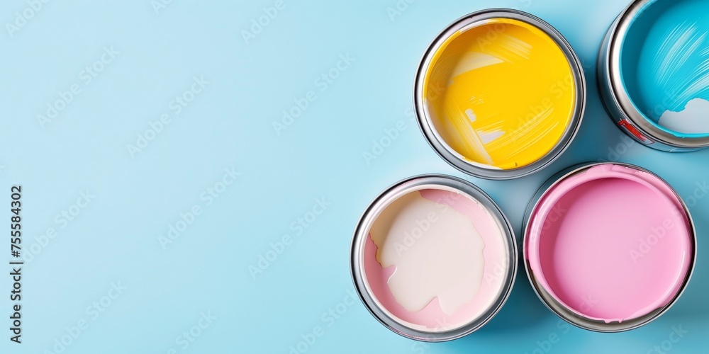 A row of paint cans in various colors are arranged on a yellow A row of paint cans in various colors are arranged on a yellow