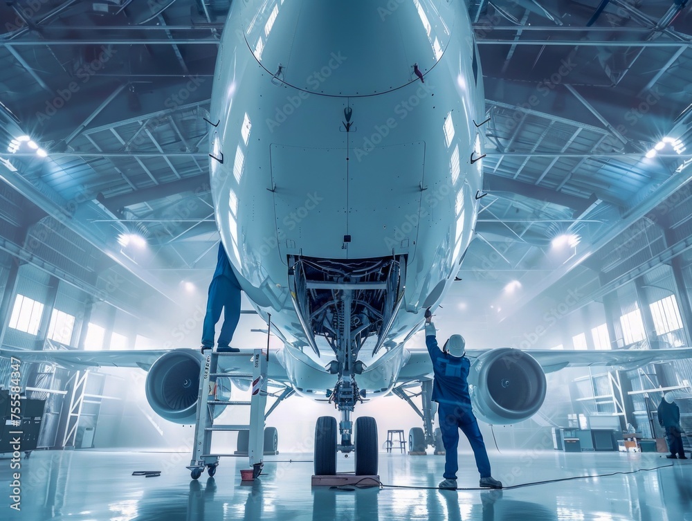 Technicians Inspecting Commercial Airplane in Hangar. Generative ai