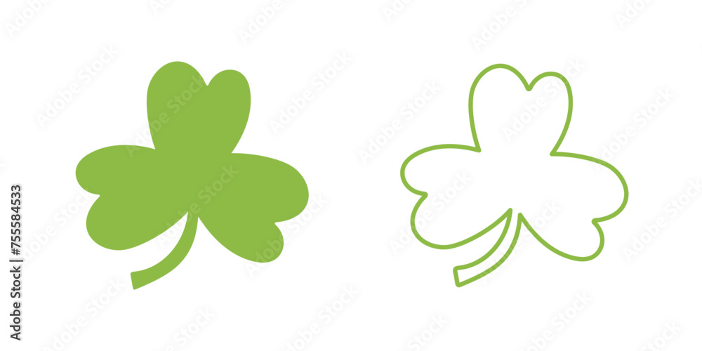 Big green clover silhouette and big clover in outline on white background for st Patrick's day, icon, webs, fabrics, textile Big green clover silhouette and big clover in outline on white background for st Patrick's day, icon, webs, fabrics, textile