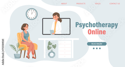 Psychotherapy online, a woman talking to a psychologist on the screen. Mental health banner or landing page template. Illustration, vector