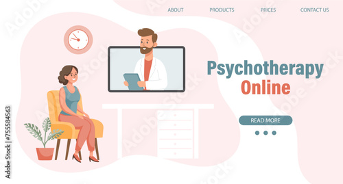Psychotherapy online, a woman talking to a psychologist on the screen. Mental health banner or landing page template. Illustration, vector