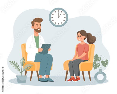 Psychotherapy online, girl talking to a psychologist on the screen. Mental health banner or landing page template. Illustration, vector