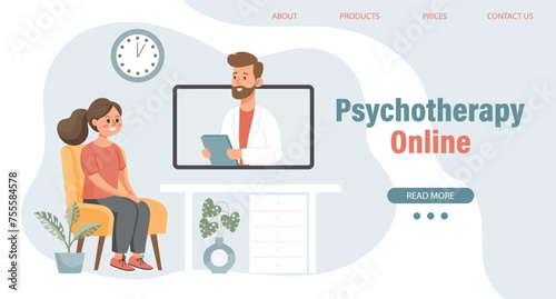 Psychotherapy online, girl talking to a psychologist on the screen. Mental health banner or landing page template. Illustration, vector