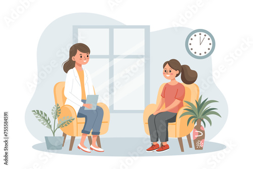 Psychotherapy online, girl talking to a psychologist on the screen. Mental health banner or landing page template. Illustration, vector