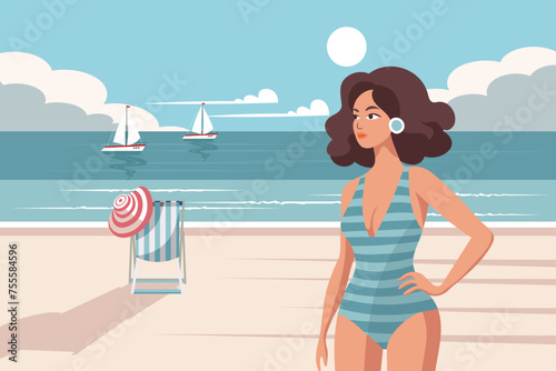 Seascape. Vacation time. Woman on the beach in a swimsuit sunbathing on the background of the see shore. Illustration. Vector