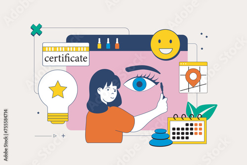 Beauty salon concept in flat neo brutalism design for web. Beautician makes makeup makeover for female model, styling and treatments. Vector illustration for social media banner, marketing material.