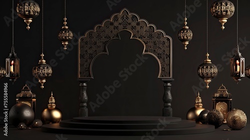 3D Islamic decoration, Iftar, Eid, lanterns, cannonballs, text space and podium with black gold style - generative ai