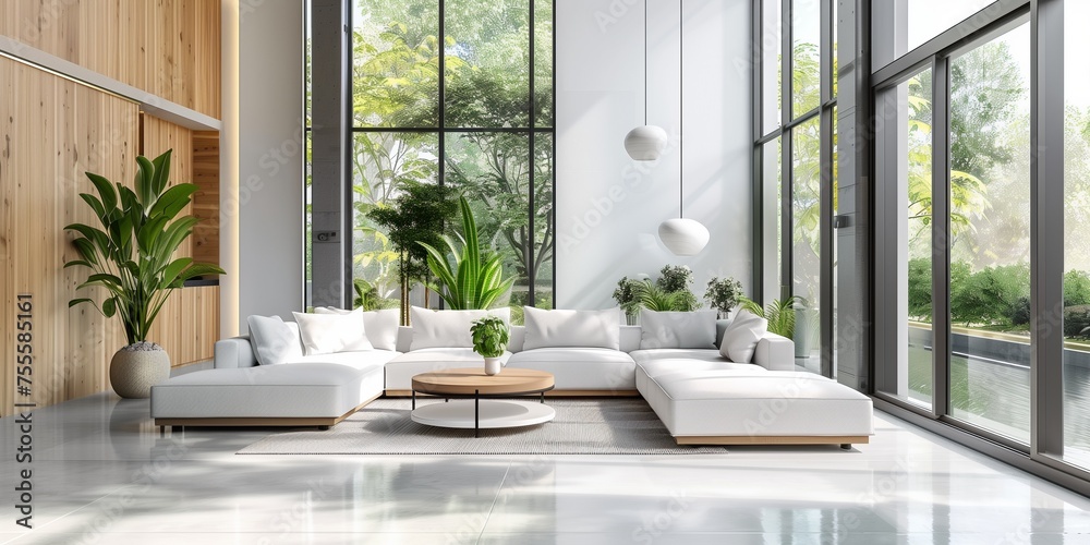 A large living room with a white couch and a coffee table A large living room with a white couch and a coffee table
